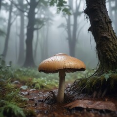 Tranquil setting of weeping widow mushroom and rain drop in misty woods, spooky, mystical, peaceful