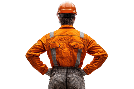 A construction worker in an orange safety jacket and hard hat stands with hands on hips, showcasing a strong, confident posture against a white background.