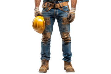 A construction worker in rugged jeans and gloves holds a yellow hard hat, symbolizing safety and labor in the construction field.