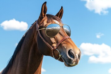 Obraz premium A majestic horse wearing aviator sunglasses, standing tall under a bright blue sky, with a relaxed and confident posture.