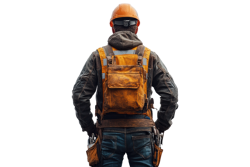 A construction worker standing with a backpack, wearing a hard hat and safety gear, prepared for work on a construction site.