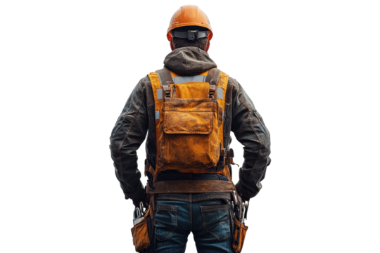 A construction worker standing with a backpack, wearing a hard hat and safety gear, prepared for work on a construction site.