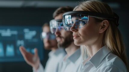 Innovative team using holographic technology for business strategy
