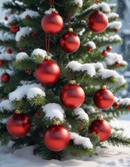 Vibrant red ornaments on a Christmas tree covered in snow, festive, decorations