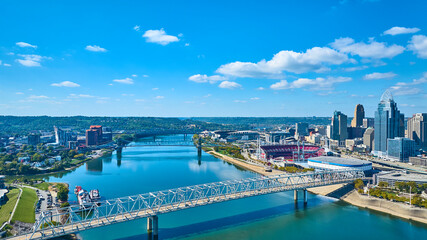 Fototapeta premium Aerial Cincinnati Skyline with Ohio River Bridge Connection