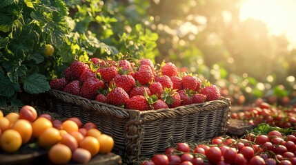 Freshly Harvested Strawberries in a Rustic Basket Surrounded by Lush Greenery, Capturing the Essence of Summer's Bounty and Vibrant Nature's Palette