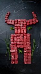 Large piece of meat is cut into small cubes and arranged to look like a bull