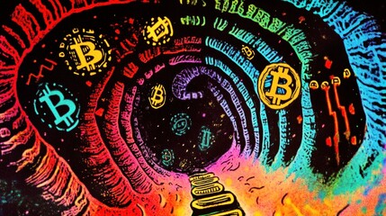 Fototapeta premium A surreal abstract vortex of golden and silver cryptocurrency coins spiraling through a tunnel of neon light trails and glowing blockchain patterns.