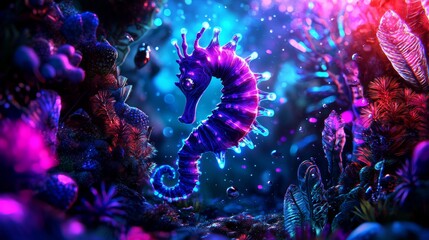 Obraz premium Fantasy-style glowing blue seahorse surrounded by vibrant coral and magical underwater plants