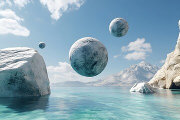 Surreal landscape with floating stone spheres and geometric reflections, featuring serene natural...