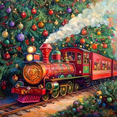 Whimsical Christmas train races under decorated tree