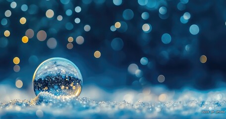 Crystal ball in snow with bokeh lights.