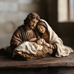 Rustic nativity scene with Mary, Joseph, and baby Jesus.