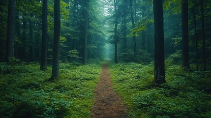 Obraz premium Misty forest path leading into the deep woods.