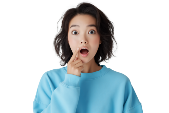 Young woman with wide eyes and an open mouth expresses surprise, pointing to her lips, wearing a blue sweater isolated on transparent background