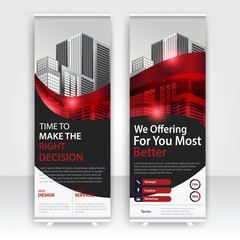 Modern design of annual report display stands showcasing professional graphics in an office environment with red color