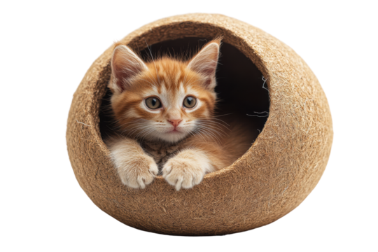 A playful ginger kitten peeking out from a cozy, natural fiber cat bed, expressing curiosity and cuteness.