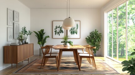 Fototapeta premium Modern dining room with wooden furniture, plants, and large windows.