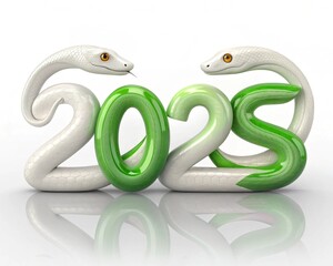 Fototapeta premium Elegant 2025 Green and White Snake Illustration Festive Card & Backgrounds