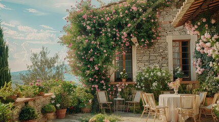 Fototapeta premium Charming tuscan stone villa with lush gardens, olive trees, and a cozy outdoor seating area