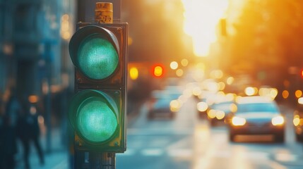 A green traffic light signaling vehicles to proceed in a busy urban street during sunset.