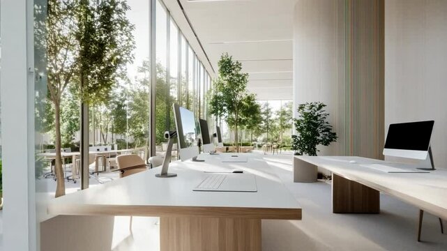 Modern office interior with natural light and greenery promoting a productive work environment