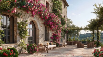 Fototapeta premium Charming tuscan stone villa surrounded by lush greenery and vibrant flower wall under blue sky