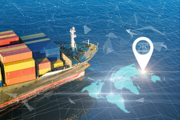 Cargo container ship with AI Logistic and transportation technology. International import export...
