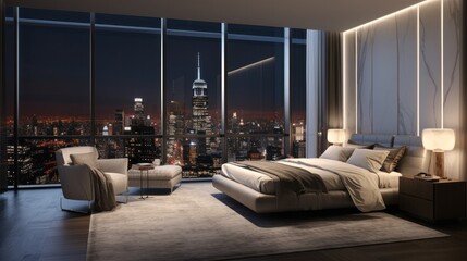 A modern luxury bedroom featuring a king-sized bed with an elegant headboard, adorned with plush pillows and a cozy throw blanket. 