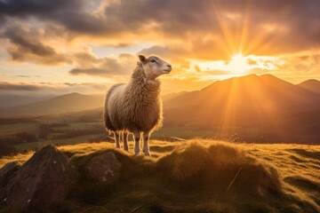 Fototapeta premium A picturesque scene of a single sheep standing majestically on a grassy knoll, with a wide-angle view of the sun setting behind distant mountains