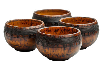 A set of four beautifully crafted wooden bowls, showcasing rich textures and warm colors against a white isolated background.