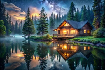 A cozy wooden cabin sits by a serene lake, surrounded by a misty forest at night. Lights inside are visible.