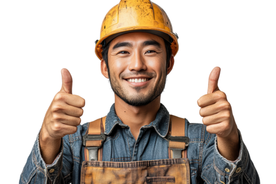 A smiling construction worker with a yellow hard hat giving thumbs up, isolated on a white background, exuding confidence and positivity.
