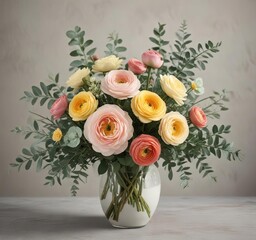 Obraz premium Whimsical spring arrangement of ranunculus and eucalyptus, greenery, blooms
