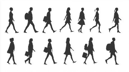 Set of walking silhouettes, representing daily commute or casual strolls. Vector icon