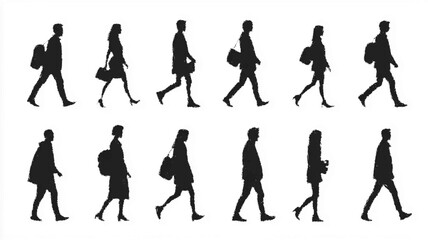Silhouette set of people walking in different poses, depicting movement and daily life. Vector