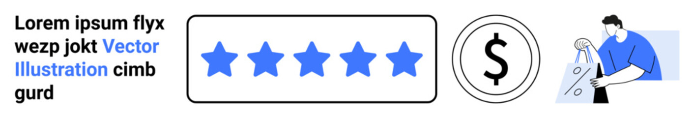 Business elements including a five-star rating, dollar sign, and a person analyzing data. Ideal for customer feedback, financial analysis, performance reviews, business presentations, market