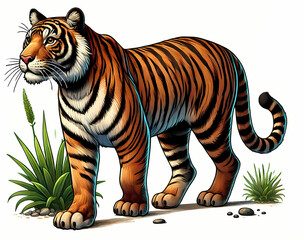 Obraz premium A majestic tiger standing proudly amid lush greenery, showcasing vibrant orange and black stripes.