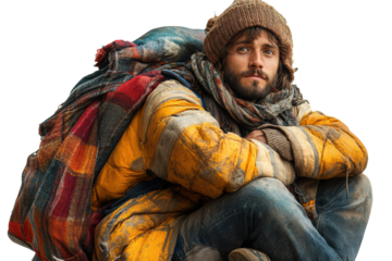 A thoughtful man sitting on the ground with a worn-out jacket, surrounded by bags, depicting resilience in challenging circumstances.