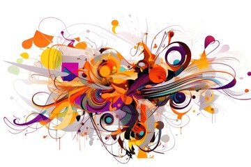 A striking abstract illustration showcasing a fusion of bright colors and fluid patterns, with emphasis on orange, green, and purple hues. The design radiates a sense of vitality and creativity
