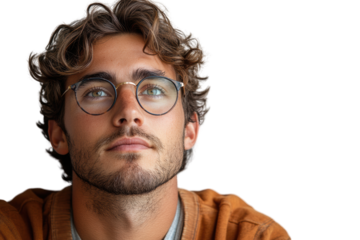 A thoughtful young man with curly hair and glasses, looking up thoughtfully. Ideal for discussions about introspection and creativity.