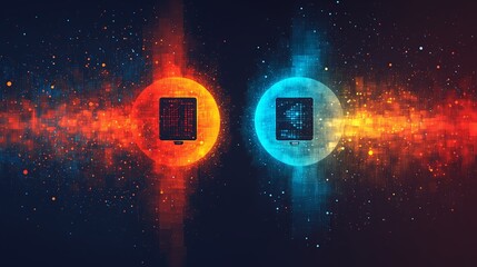 Abstract digital illustration of red and blue interconnected networks