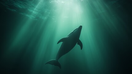 Obraz premium A group of dolphins playfully accompanies a majestic whale in tranquil deep waters