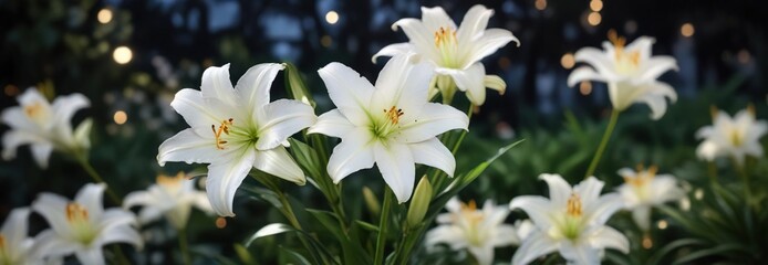 White lilies in a garden with bokeh lights in the background, outdoors, vibrant