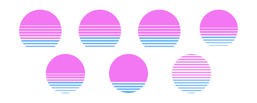 Colecci&oacute;n de atardeceres. Conjunto de gr&aacute;ficos retro con el sol sumergido en el mar. Colecci&oacute;n de los 80s 90s de atardeceres vectoriales. Elementos para carteles, ilustraciones y dise&ntilde;os web