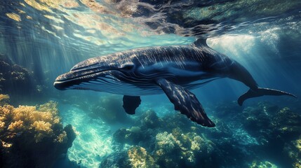 Fototapeta premium Graceful dolphins glide beside a giant whale, showcasing a harmonious bond in clear ocean depths