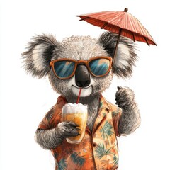 Relaxed koala in sunglasses and Hawaiian shirt holding a drink under an umbrella on white background