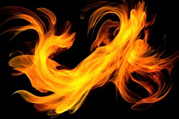 A vivid display of orange and yellow flames dancing against a deep black background, creating an intense and dramatic visual. The flames exhibit various shapes and sizes
