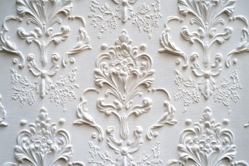 White embossed damask wallpaper texture.