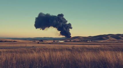 Smoke Plume Rising Over Rolling Hills and Grassland at Dusk